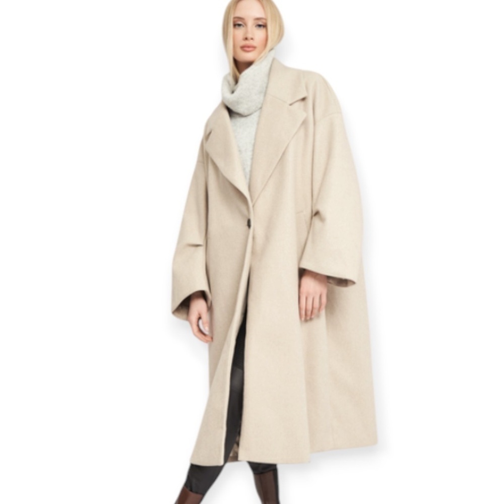 Zara Tan Long Pea Coat Oversized One Button Neutral XS - Picture 3 of 13